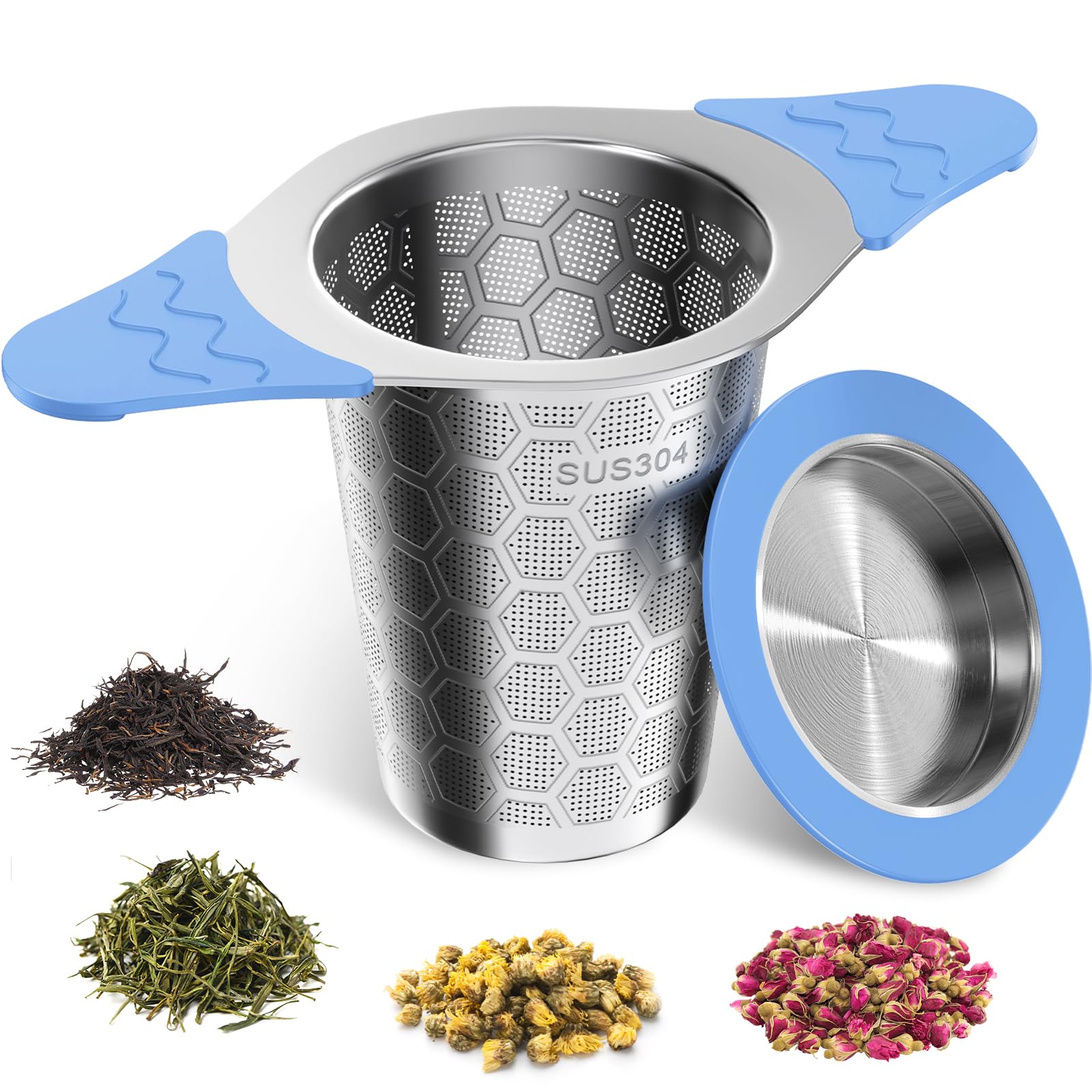Tea Strainer for Loose Tea 304 Stainless Steel Tea Infuser with Lid & Double Silicone Handles, Tea Filter Fine Mesh, Teapots