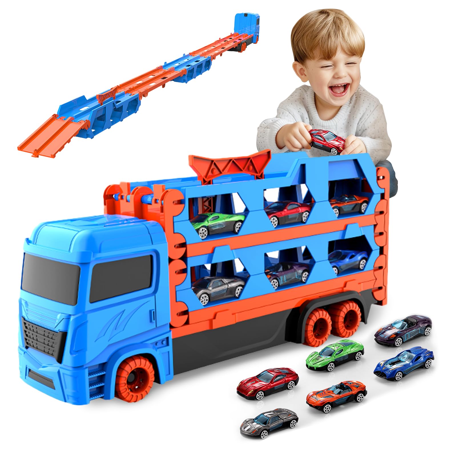 Qivange Transport Truck Toy for 3 4 5 6 7 Year Old Boys Gifts, Portable Truck Toy with 12 Race Car