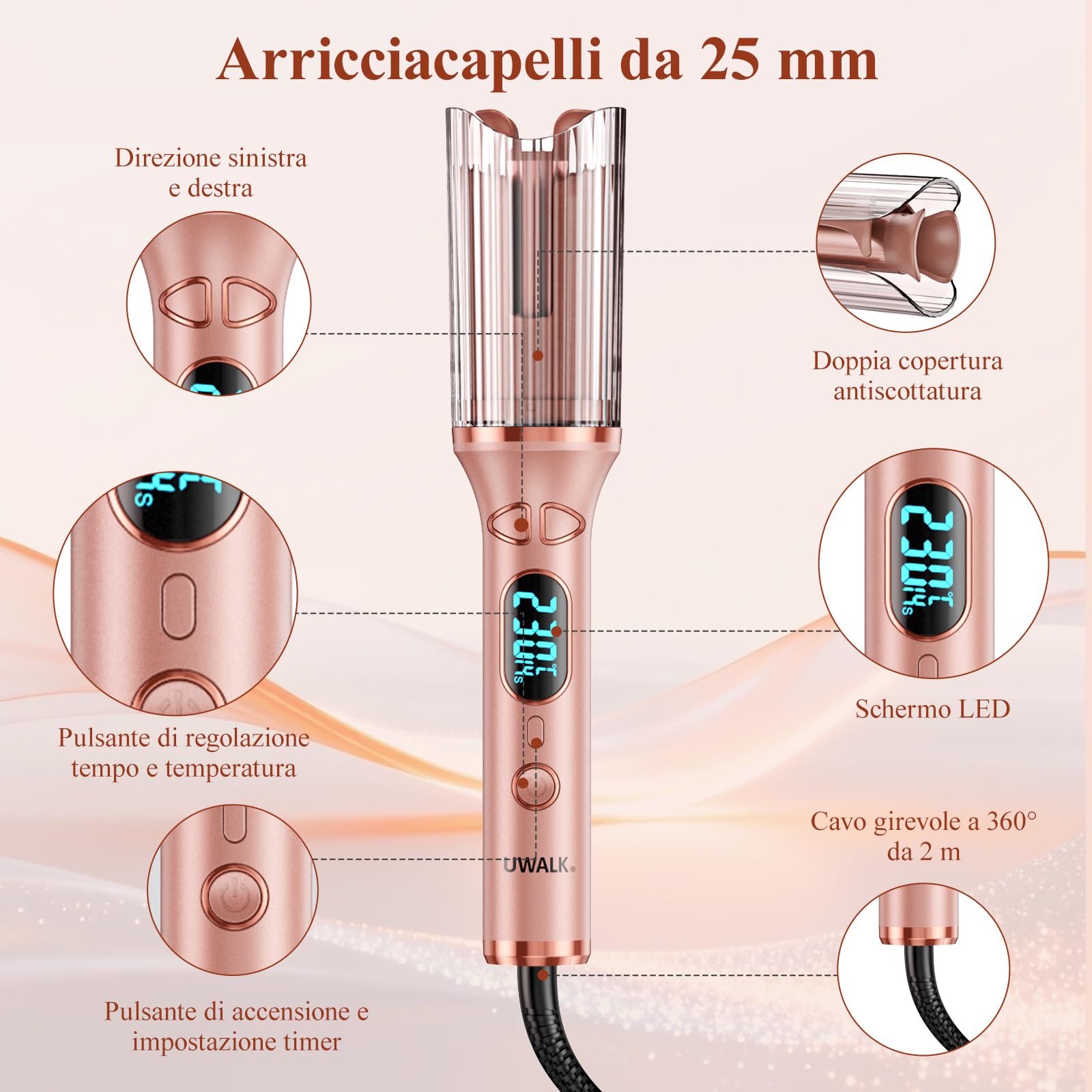 Ferro Arricciacapelli Automatico Arriccia Capelli: 25 mm Piastra Boccoli Automatica con 14 Impostazioni di Temperatura e 5 Timer - Automatic Curling Iron con Schermo LED & Protezione Antiscottatura