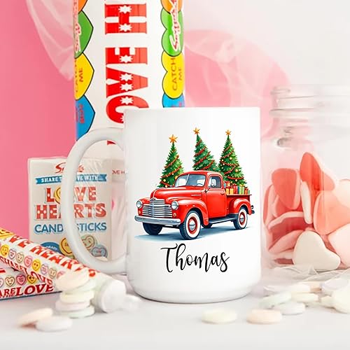 Miniatura 5 de Taza roja personalizada para camión, regalo para Navidad, taza de café de Navidad personalizada de camión rojo de 11 onzas, 15 onzas, taza de camión