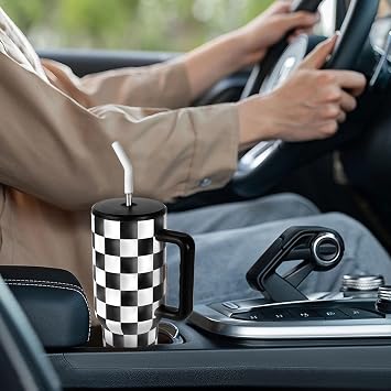 CHLJAR 40 oz Tumbler with Handle, Checkered Insulated Tumbler Stainless Steel Vacuum Water Bottle Cup Travel Coffee Mug Gifts for Men Women Birthday Christmas, Black and White Gloss