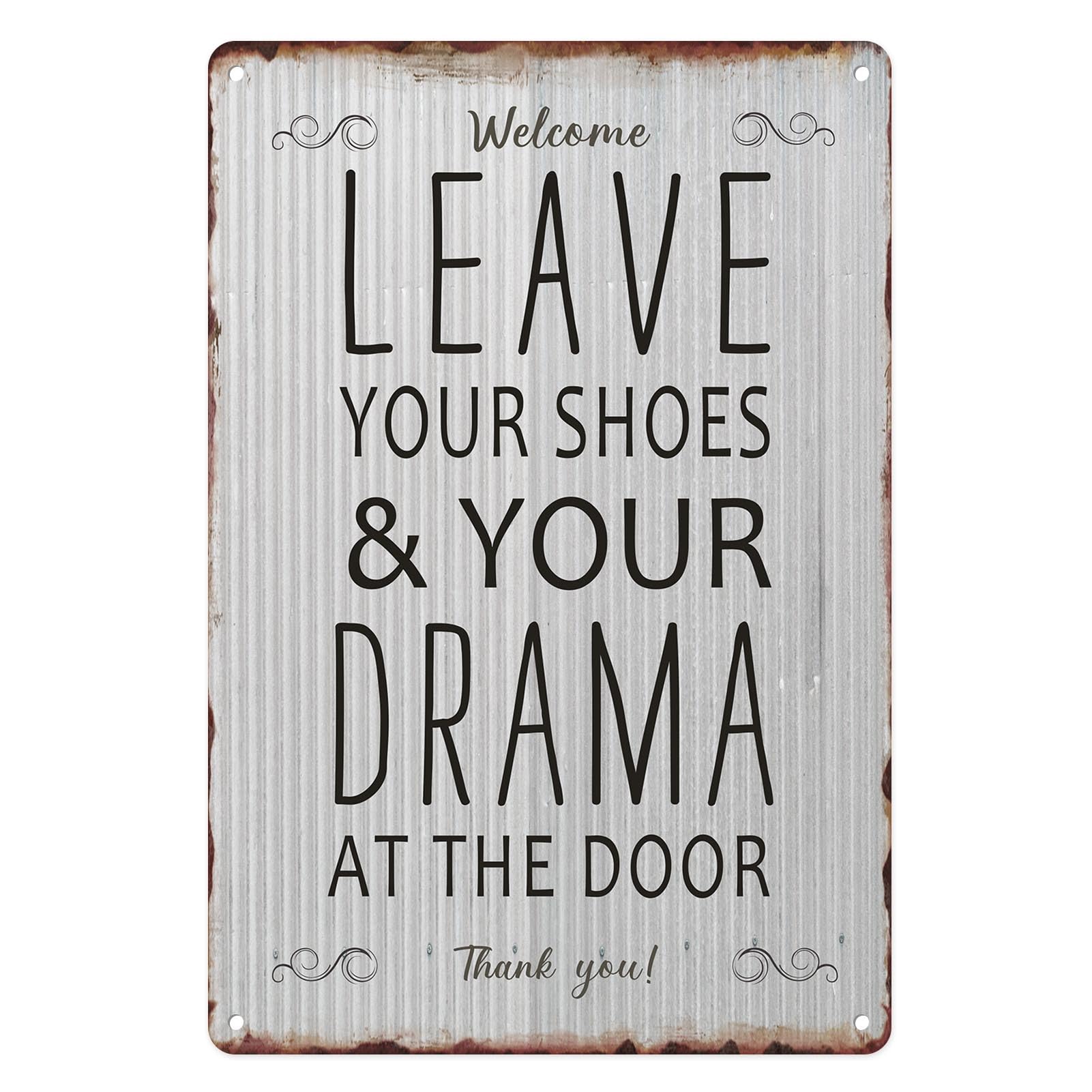 Sanwarm Metal Sign 8X12 Inch, Welcome Leave Your Shoes and Your Drama At The Door Theater Entrance Vintage Tin Sign Wall Art Decor for Theater Decoration