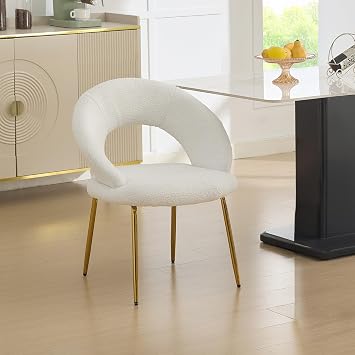FOXHUNTER Modern Sherpa Dining Chairs, Upholstered Club Chairs with Metal Frame Arm Chair with Curved Backrest and Golden Metal Legs, Mid Century Kitchen Dining Living Room Chairs Teddy, White