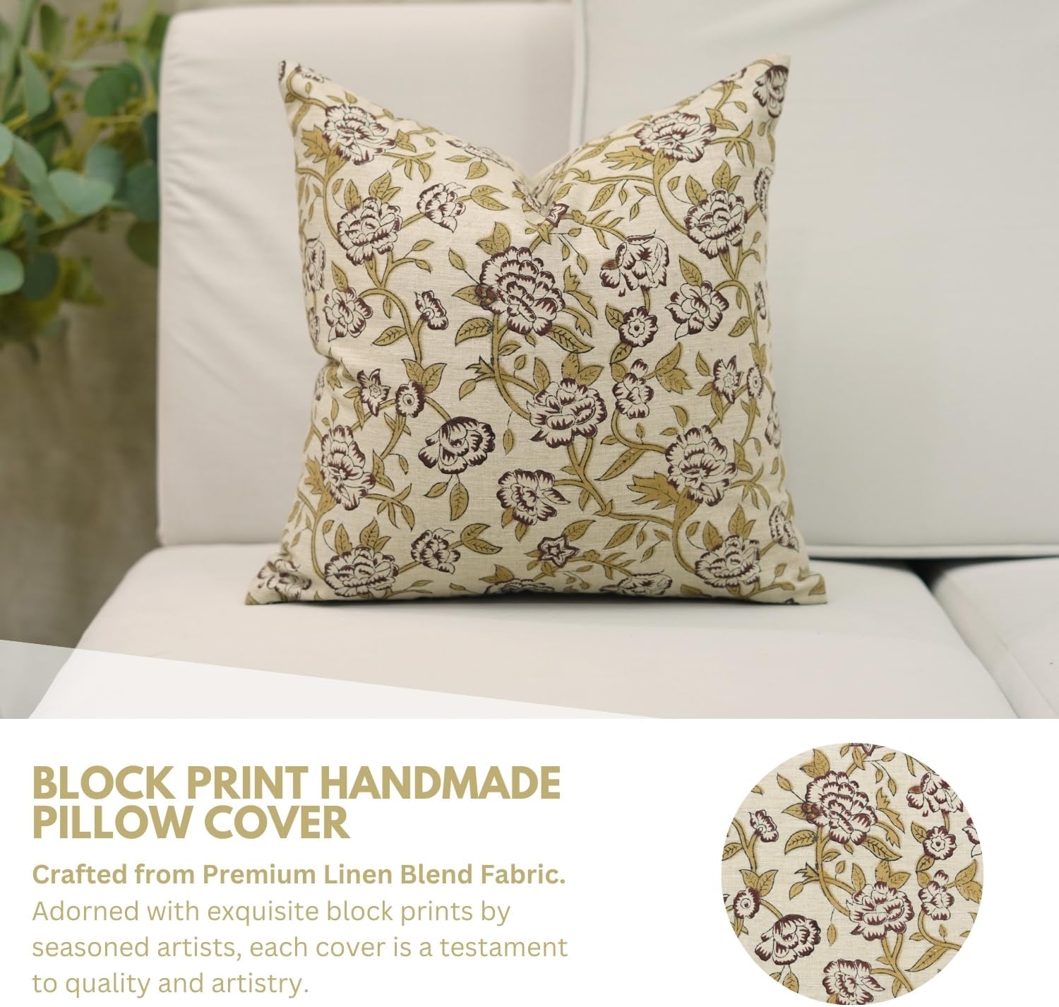 Linen Blend Rectangle 14x36 Inch Handmade Brown Block Floral Print Home Decor Cushion Cover Décor for Home, Living Room- Mrignyani