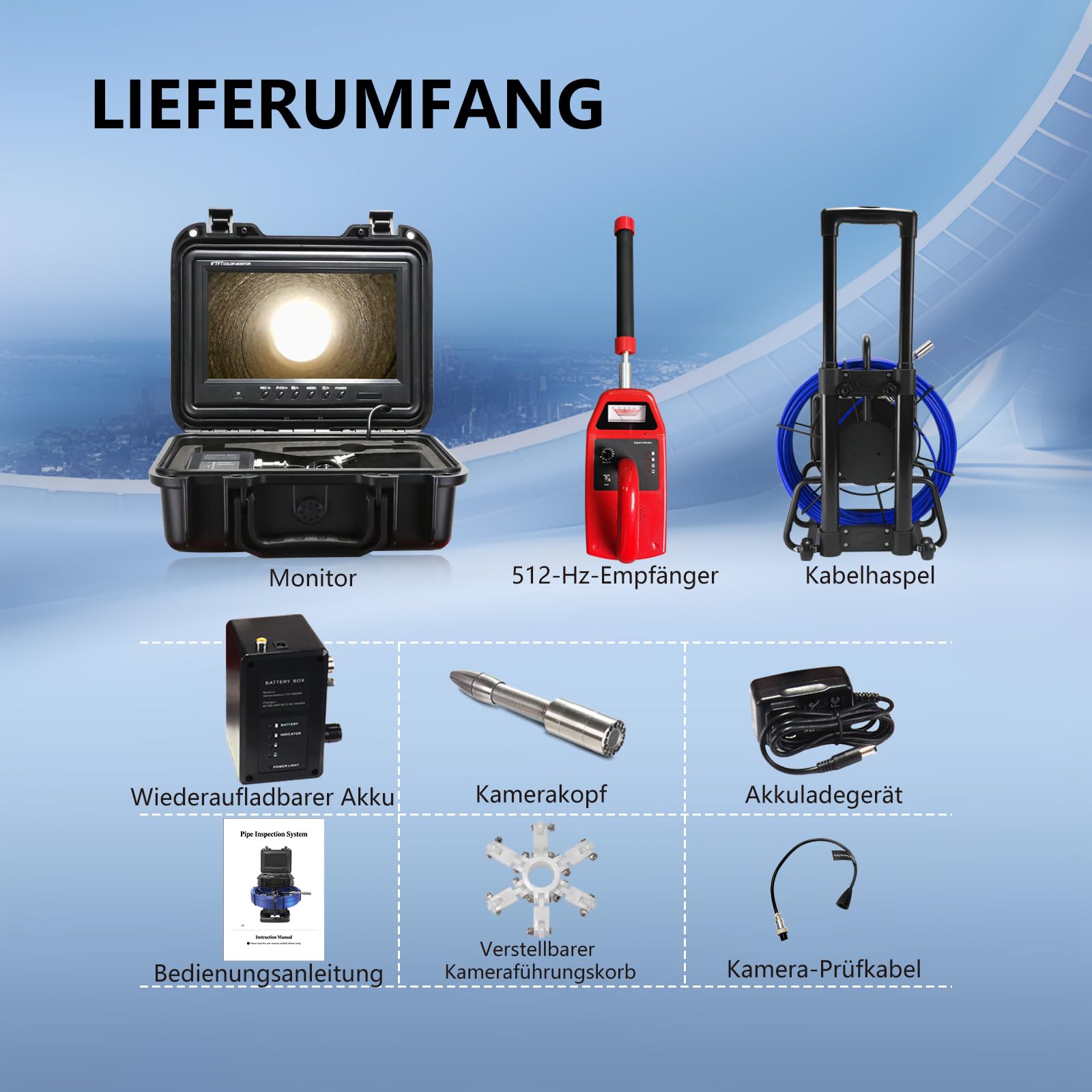 Kanalkamera mit 512-Hz-Ortungsgerät, 50 m, selbstnivellierende 9-Zoll-IPS-Rohrkamera mit 7-mm-Kabel und Griff,Endoskopkamera mit 12 LEDs, 16GB SD-Karte, für Kanalrohre