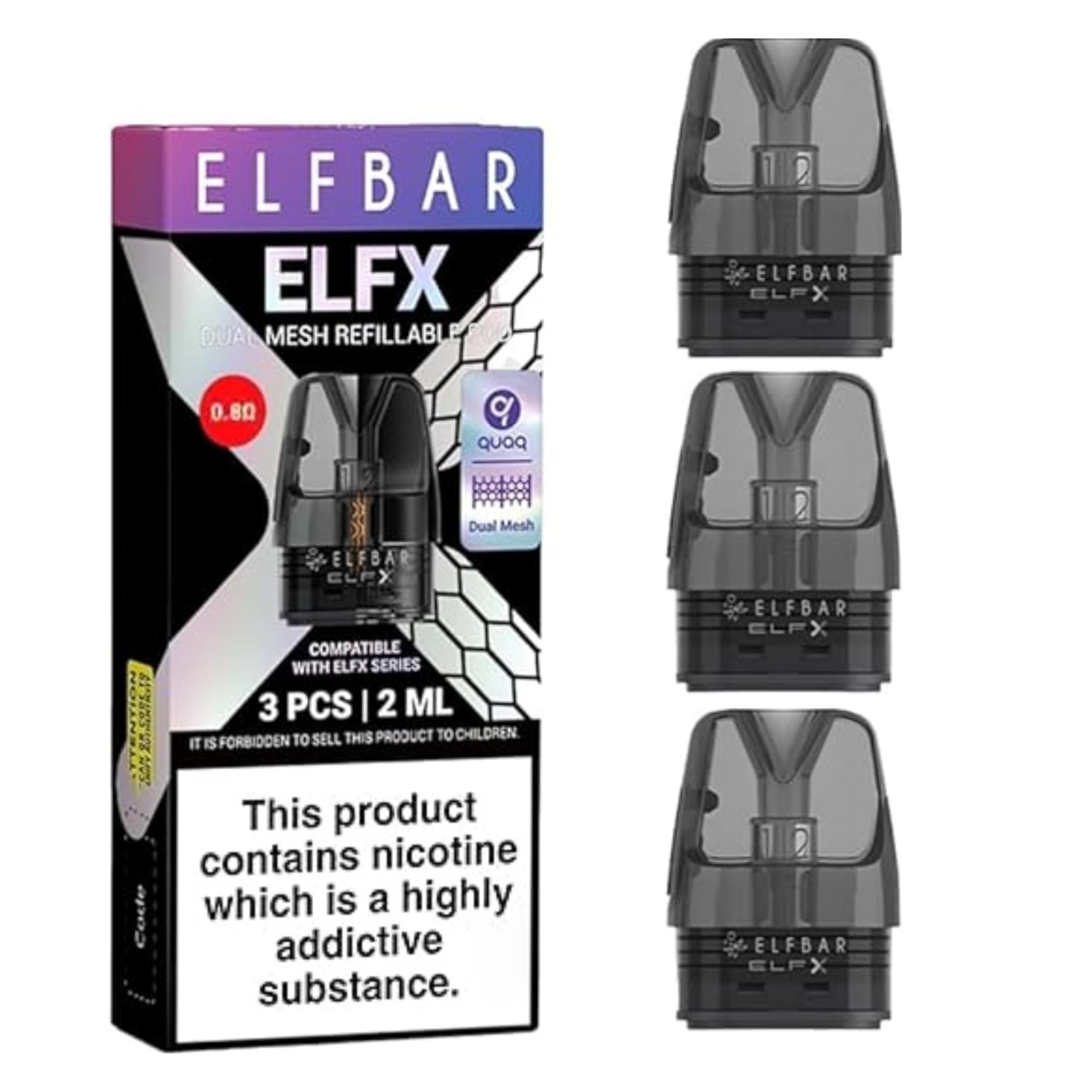 Elfx Pods for Elf bar Kits Replacement Cartridge 0.8, Vape Pod Dual Mesh Coils Top Fill E-Cigarettes Replacement Pods 3 Pack 2ml ... No Nicotine (0.8)