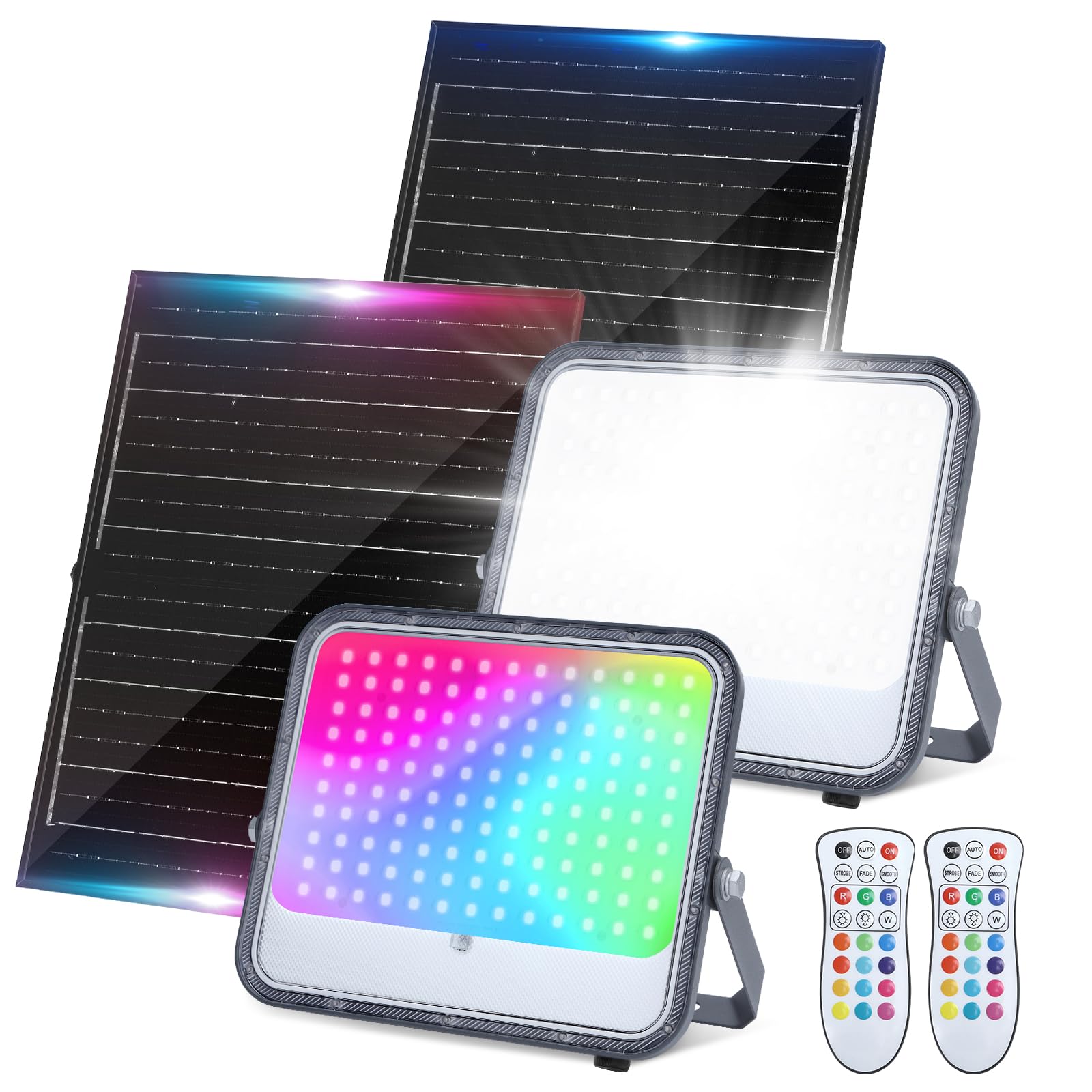 Aigostar Focos LED Exterior Solares RGBW 200W, Control Remoto, 2 pcs | Proyector LED RGB+6500K y 3 Modos, Regulable, Control Remoto, IP66 Impermeable, para Fiestas Jardín Terraza, 2 pcs