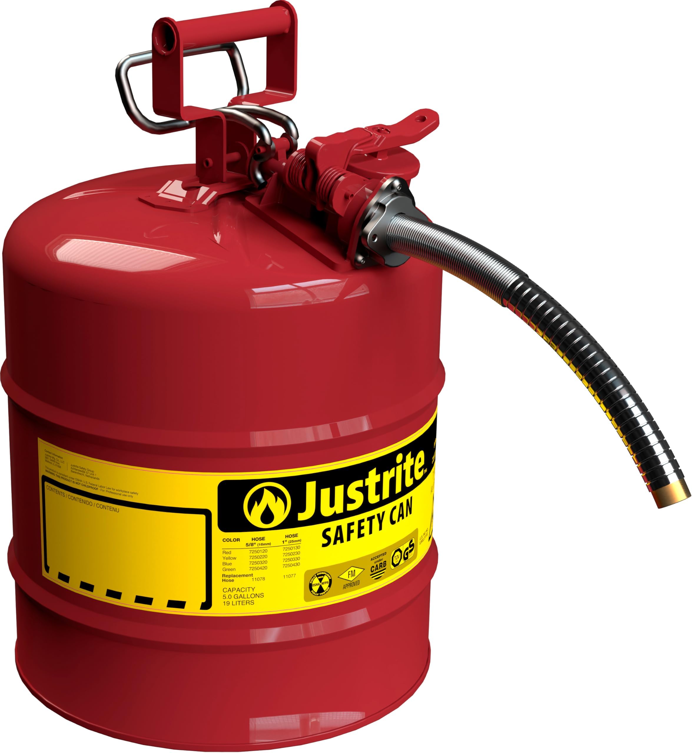 Justrite 5 Gallon Type II Red Safety Gas Can for Gasoline with Flame Arrester, Self-Closing Lid, and 1" Flexible Metal Spout, Made in the USA, Galvanized Steel Flammable Storage Can, 7250130