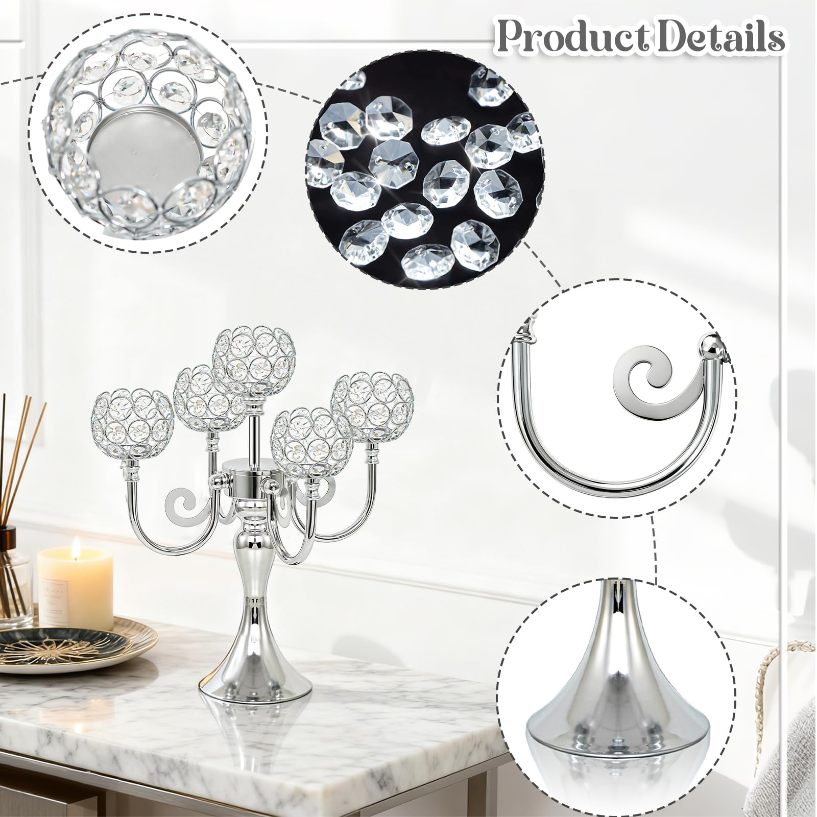 Centrotavola a 5 bracci in metallo con cristalli, 34 cm, elegante portacandele con perline di cristallo, per matrimoni, feste, Natale, decorazione per tavolo da pranzo (2, argento)