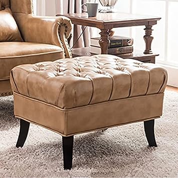 Foot Rest,Solid Wood Ottoman Resting Foot Stool,Entryway Shoe Bench,Rustic Couch Stool Ottoman for Living Room Bedroom,Leather Champagne,70X50X42Cm