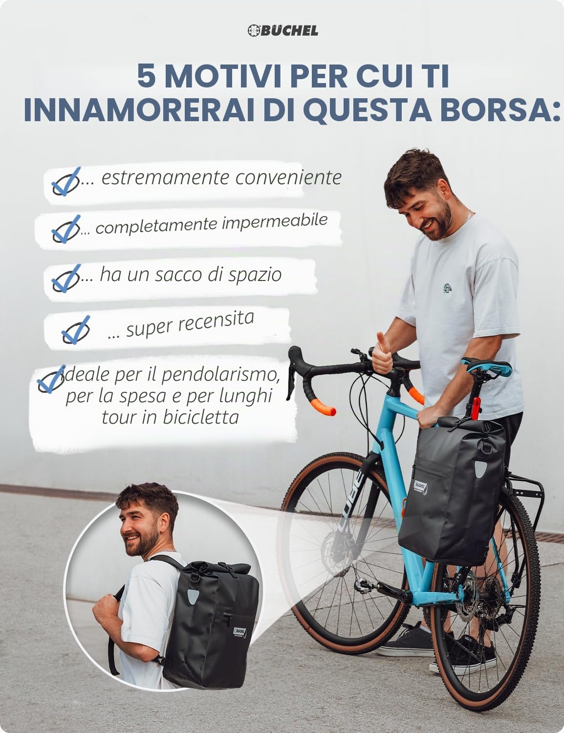 Büchel 3in1 Borsa da bici per portapacchi, utilizzabile come zaino, borsa a tracolla o borsa da portapacchi | Borsa da bici impermeabile e riflettente | capacità di 22 L