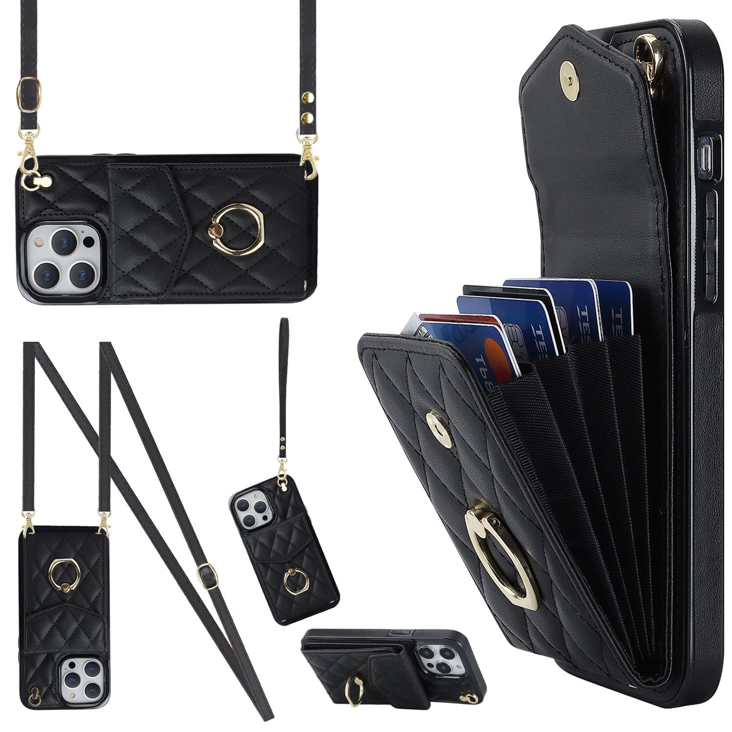 Hoorawwi Wallet Case Crossbody for iPhone 15 Pro Max, Phone Case with Card Holder Wrist Strap Kickstand