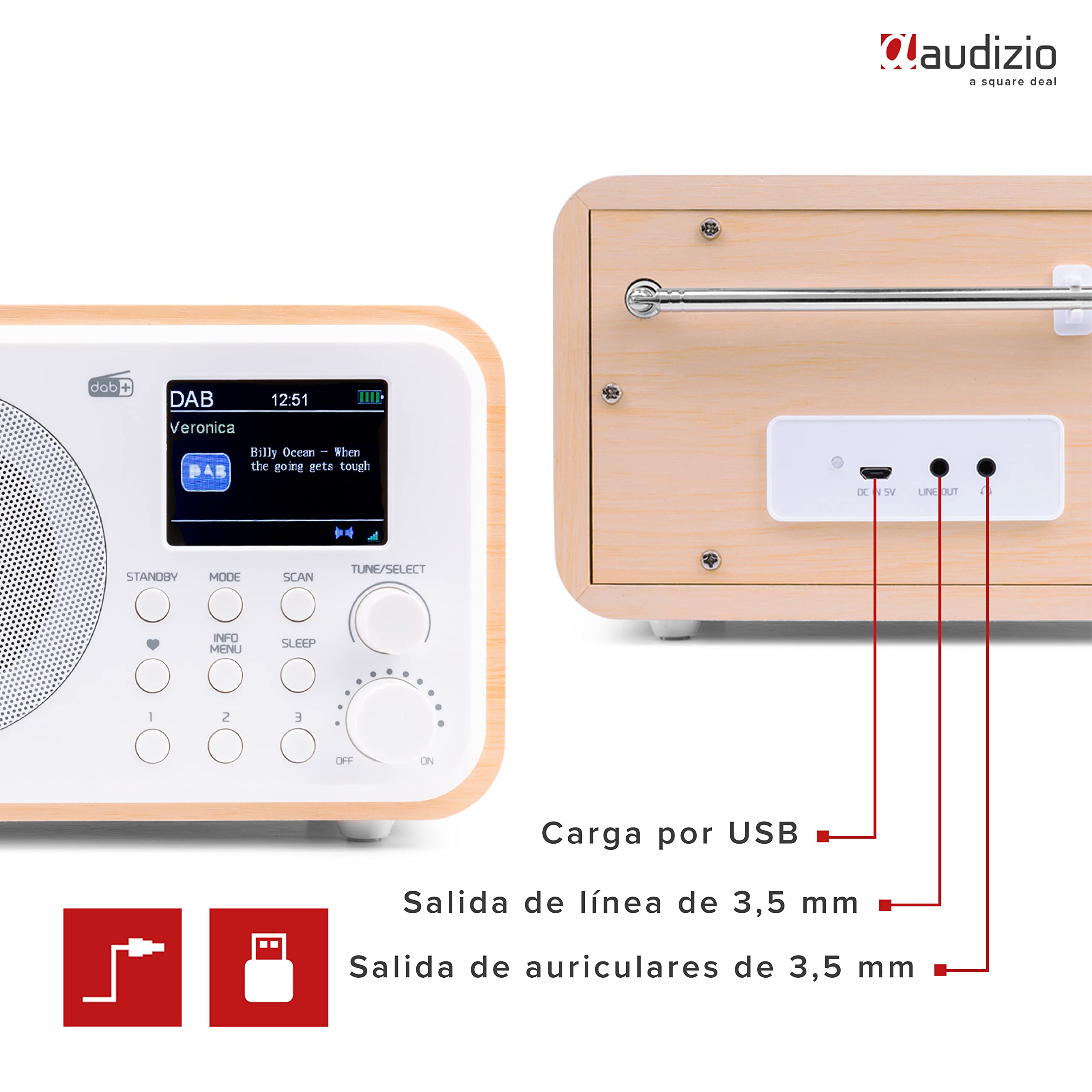 Audizio Milan - Radio Dab portátil con Bluetooth y batería incorporada, Despertador con Temporizador de Apagado, Radio FM - Blanco