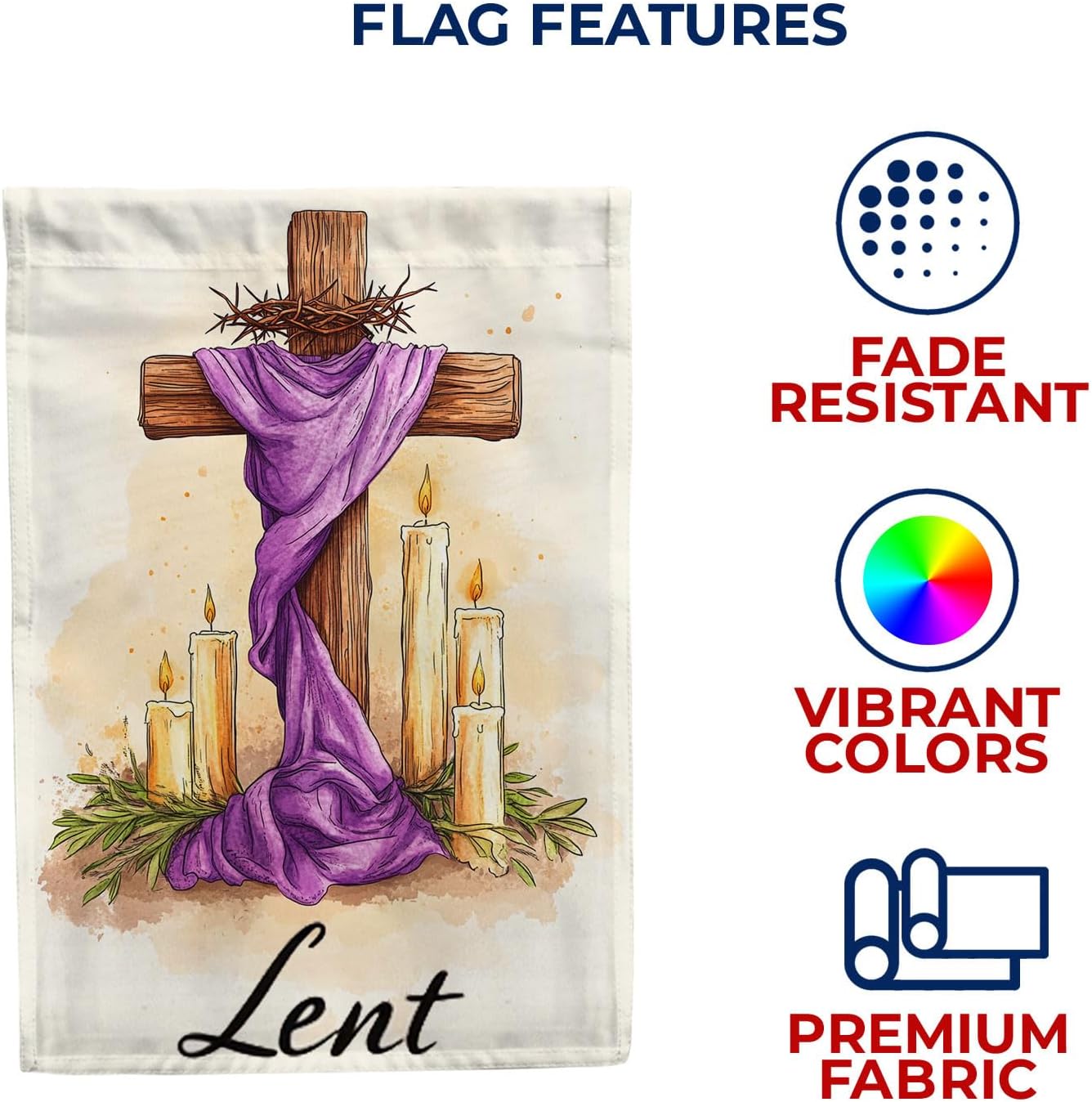 America Forever Lent Cross Candles House Flag, 28 x 40 inch Double Sided, Wooden Cross Crown Thorns Purple Cloth, Lenten Season Religious Candles, Sacred Cross Flag
