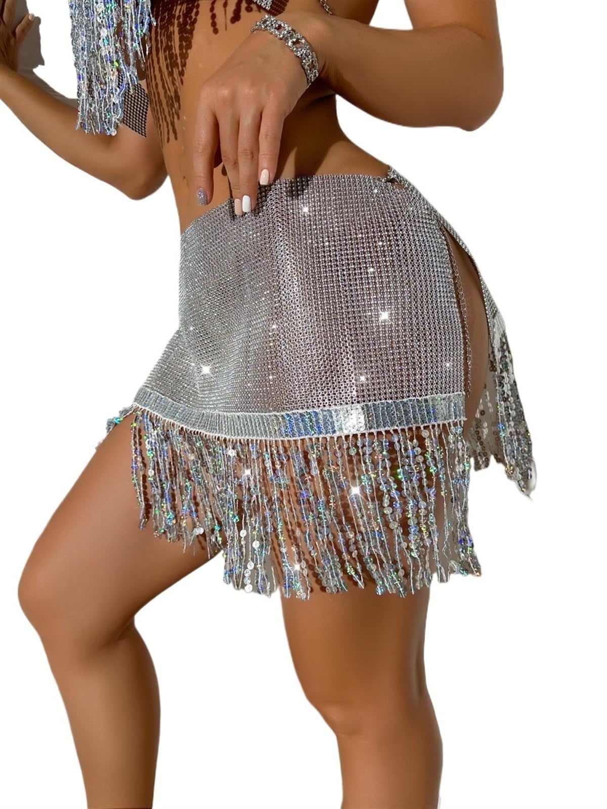 Gonna con Nappine Gonna da Danza del Ventre con Paillettes Donna, Minigonna Frange in Cotta di Maglia, Strass Lucidi, Night Club, Performance, Rave Party