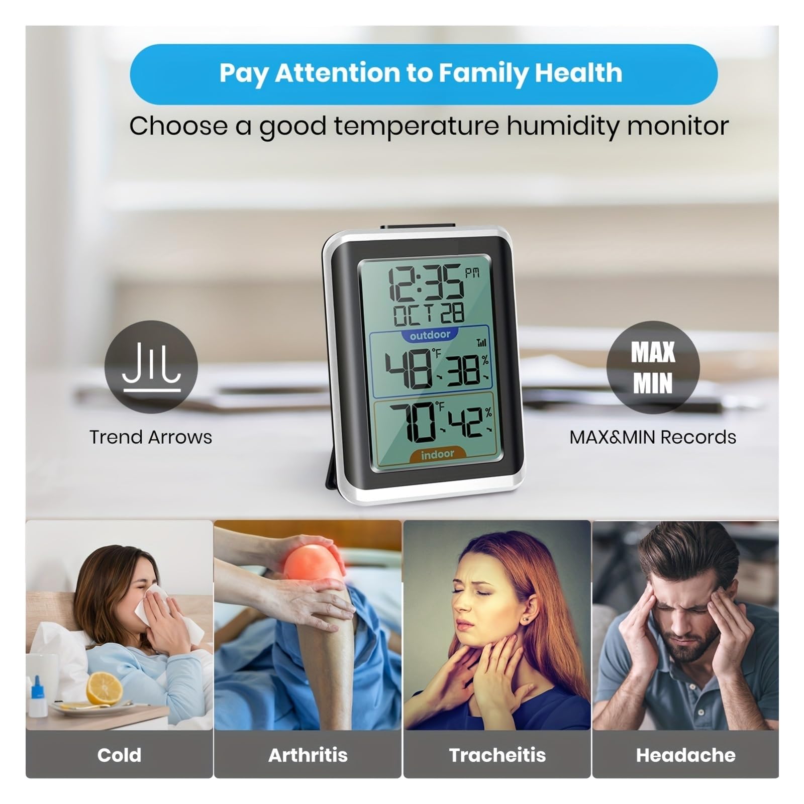 Termometro For Interni Ed Esterni, Igrometro Digitale Wireless, Indicatore Di Temperatura Con Tempo, Portata 200 Piedi/60 M, Umidità Preciso E Di Facile Lettura(WHITE)
