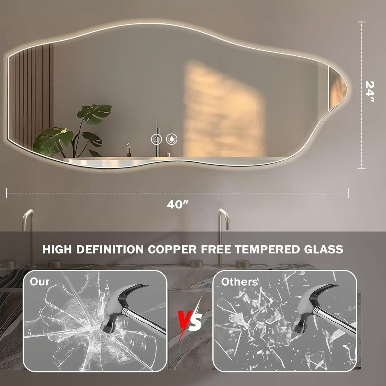40"X24"Backlit Mirror Bathroom, Smart LED Bathroom Mirror with Lights Wall Mounted Asymmetrical Lighted Vanity Mirrors with Anti-Fog, 3 Colors Light, Dimmable, Shatter-Proof