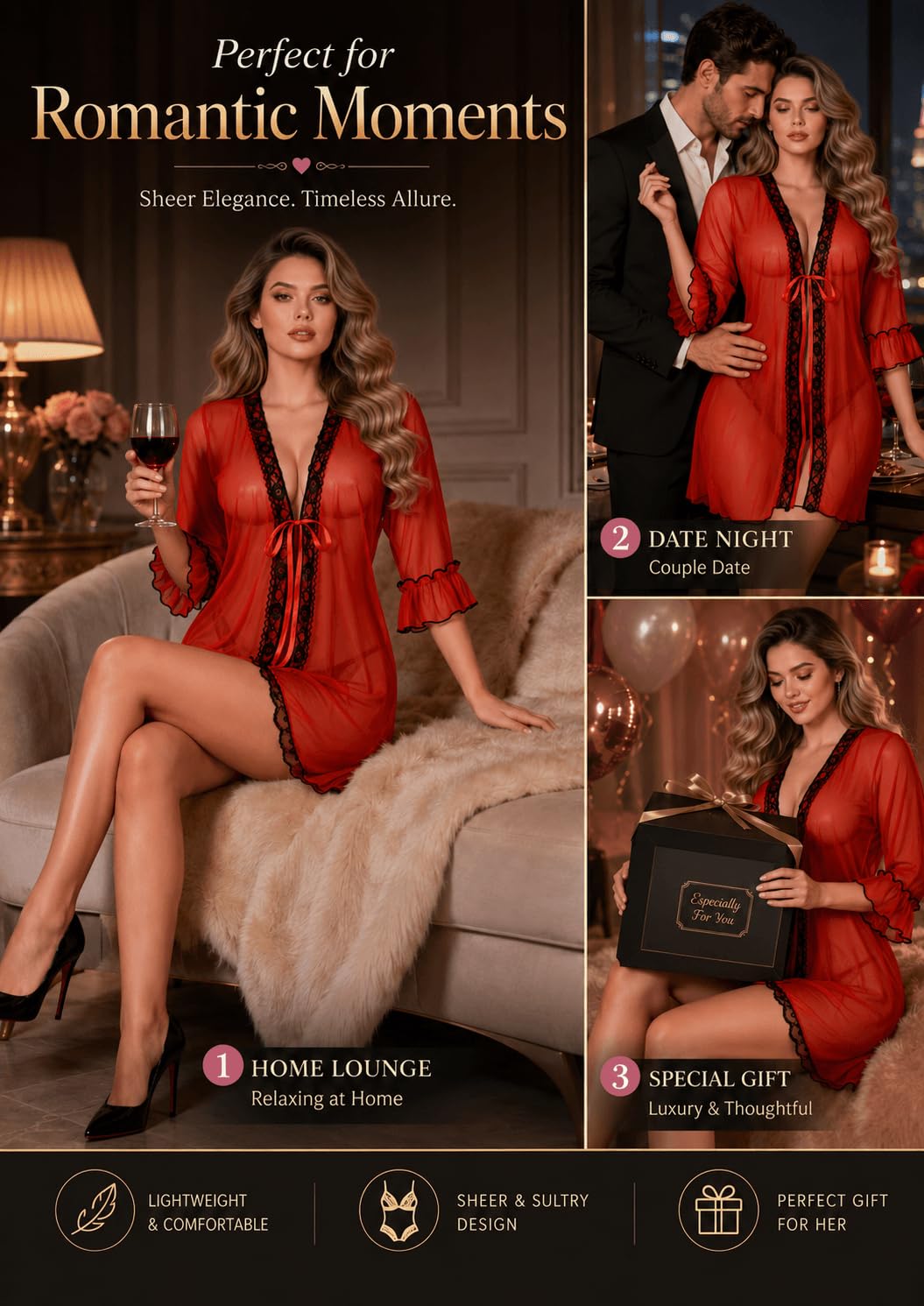 ohyeahlady 2 Pezzi Kimono con Camicia da Notte in Pizzo Trasparente, Sexy, Taglie Forti, Abito da Notte Babydoll, Pigiama M,Rosso