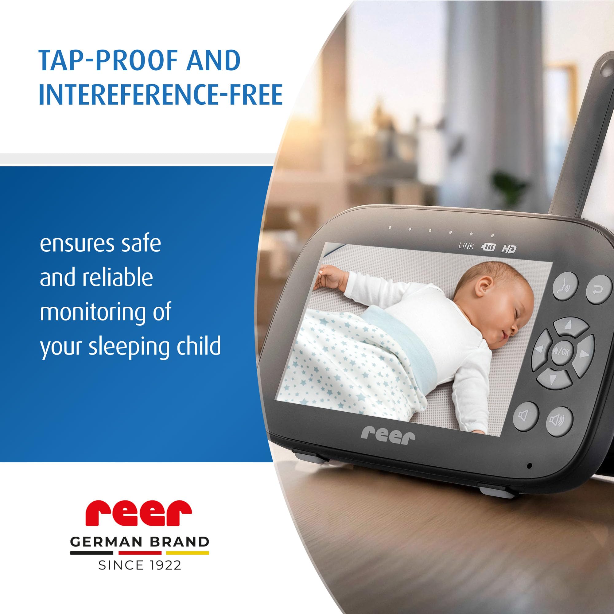 reer BabyCam Pro HD Move | Cyfrowa niania wideo z technologią FHS | Duży ekran HD 5" | Zasięg 300 m | Obrotowa i przechylana kamera z noktowizorem i 4-krotnym zoomem