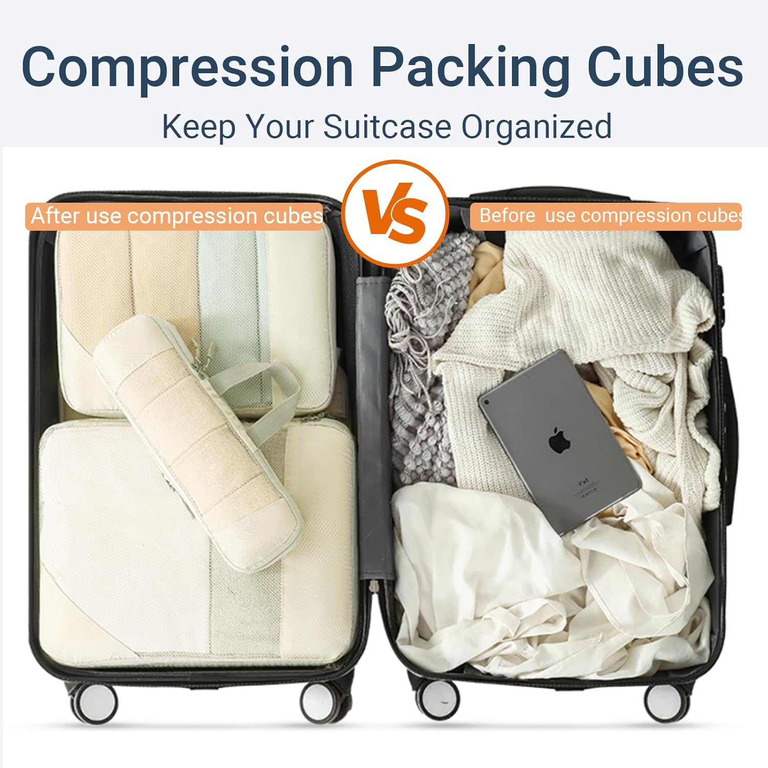 6 Set Compression Packing Cubes,Garment bags for travel,Luggage Organizers for Carry-on Suitcase,Beige