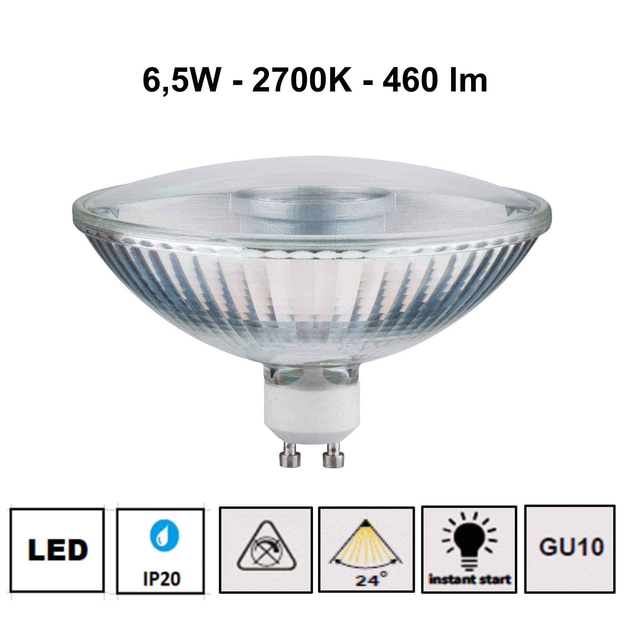 LED Reflektoren GU10 Glas Alu QPAR111 verschiedene Wattagen 4 oder 6,5 Watt dimmbar/nicht dimmbar warmweiß 2700K (warmweiß 6,5 Watt 10er Pack)