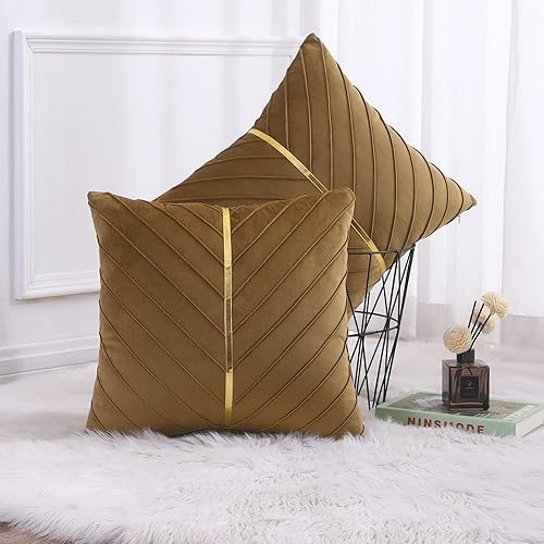 Miniatura 6 de Fundas de almohada de terciopelo marrón de 24 x 24 pulgadas, paquete de 2 con fundas de almohada decorativas de cuero dorado para sofá, fundas de
