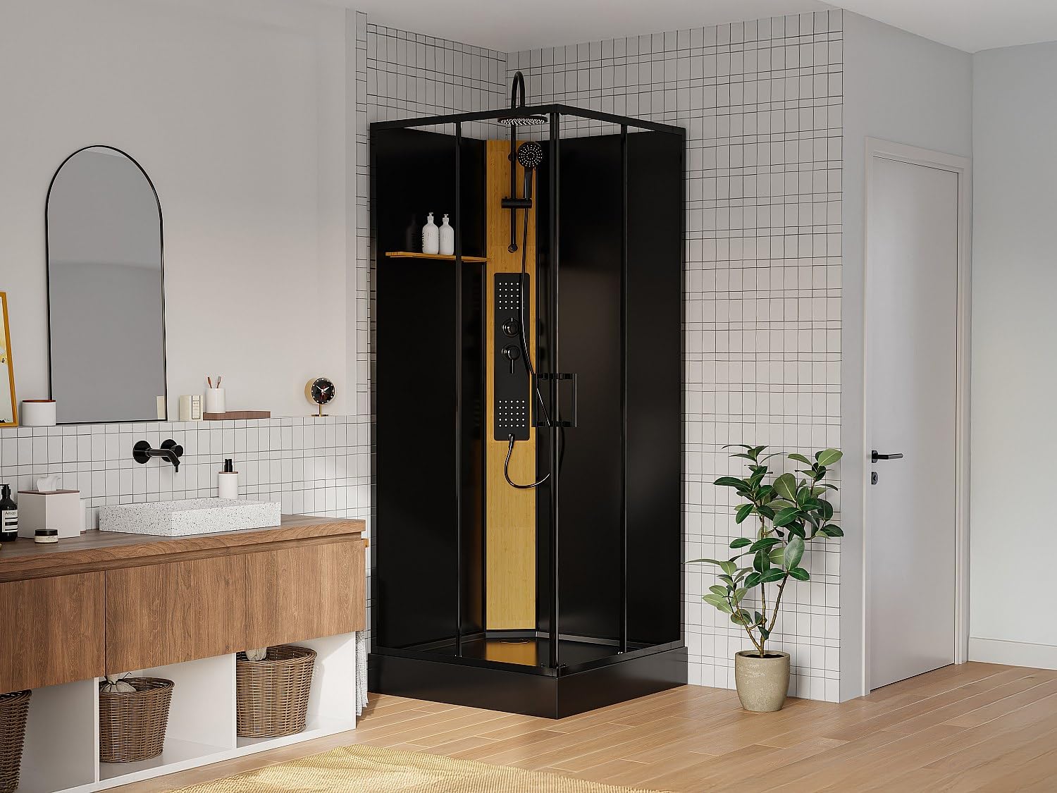 Vente-unique - Cabine de douche hydromassante carrée avec panneau en bambou - Noir - L90 x l90 x H225 cm - DESULO