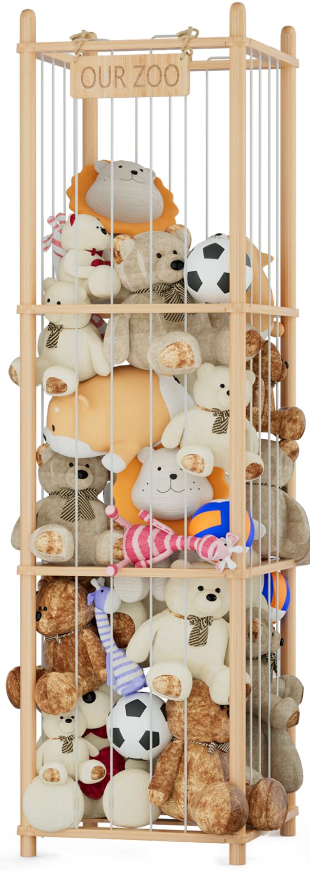 Kuscheltier Aufbewahrung mit Netz, Stofftiere & Plüschspielzeug Massivholz Organizer, Großes Fassungsvermögen Aufbewahrungsregal für Kinderzimmer, Wohnzimmer & Schlafzimmer 137x40x40cm