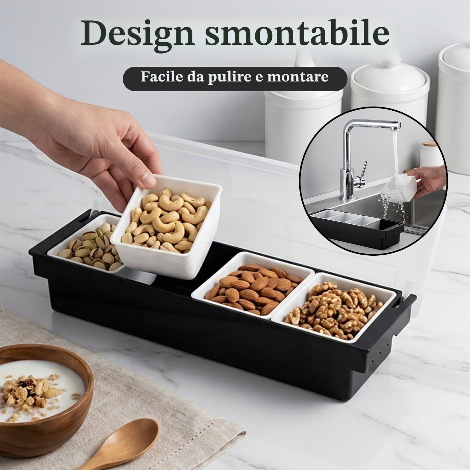 Tissting Distributore di Cibo e Condimenti con Coperchio, Organizer per Frigorifero, Vassoio Multiuso in Plastica per Conservare Frutta, Condimenti, Chicchi di Caffè e Cereali (4 Scomparti)