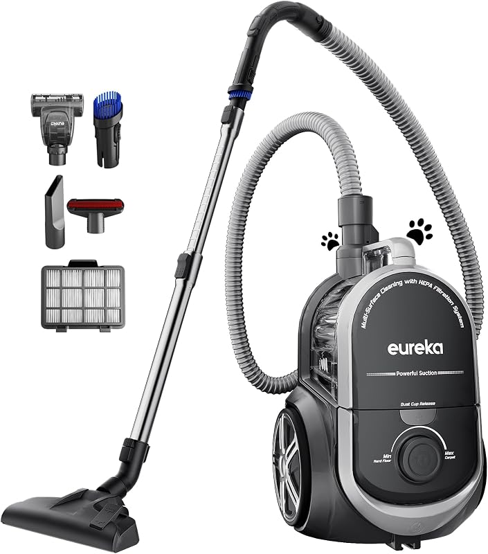 Eureka Bagless Canister Vacuum Cleaner, Vacuum for Hardwood Floor, Carpet | NEN180 WhirlWind, Lightweight, 1000W, ≤82 dBA. HEPA, Auto Cord Rewind, 2-in-1 Vac for Hard Floors, Carpets, & Pet Hair