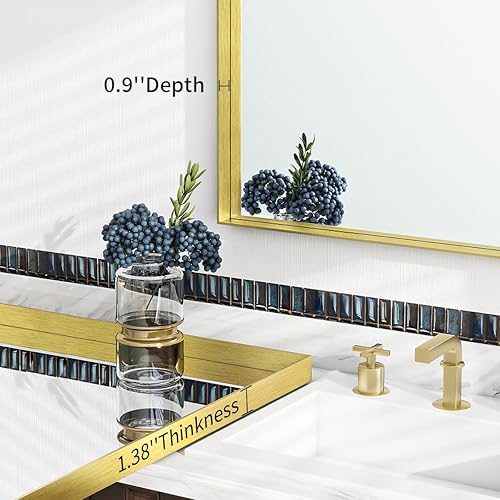 Miniatura 5 de BEAUTYPEAK Espejo de baño de 20 x 30 pulgadas para pared, moderno espejo dorado con marco profundo, espejo rectangular montado en la pared para