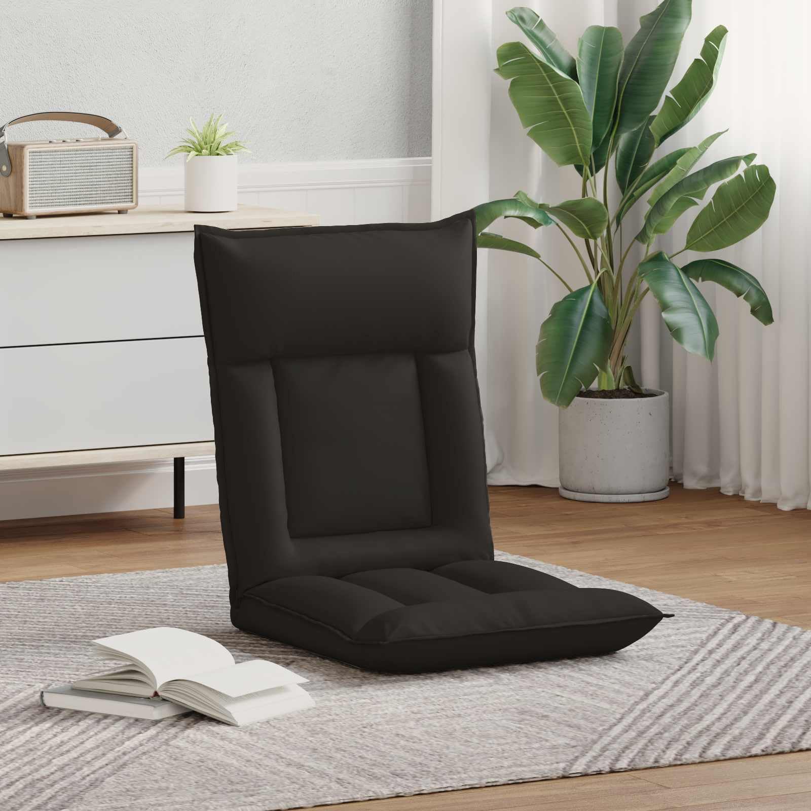 Regulowane krzesło podłogowe, czarne, sztuczna skóra z wielopozycyjnym oparciem, tapicerowane, ergonomiczne, do salonu, sypialni, czytania, medytacji, jogi