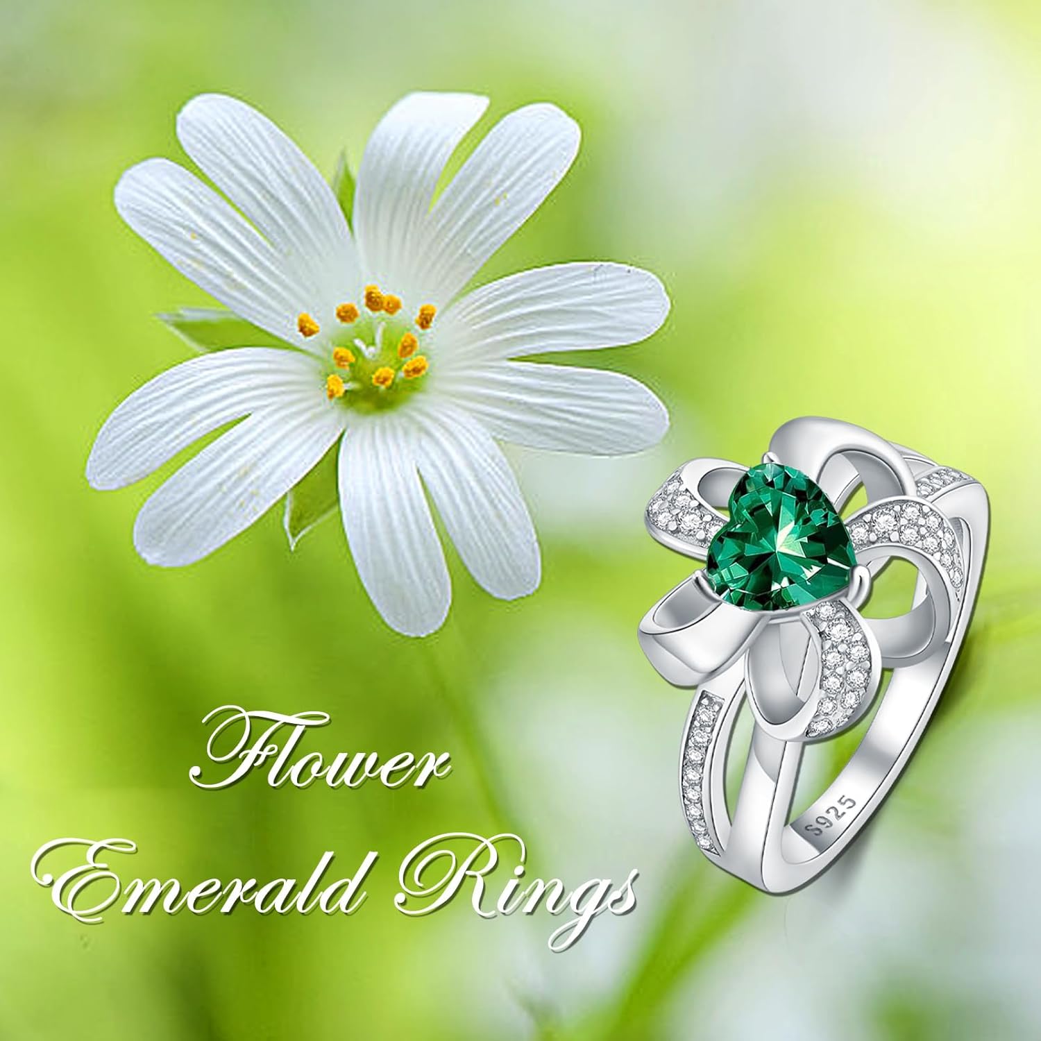 Emerald Ring 925 Sterling Silver Flower Ring 6.5X6.5mm Heart Shape Green Emerald Engagement Ring for Women