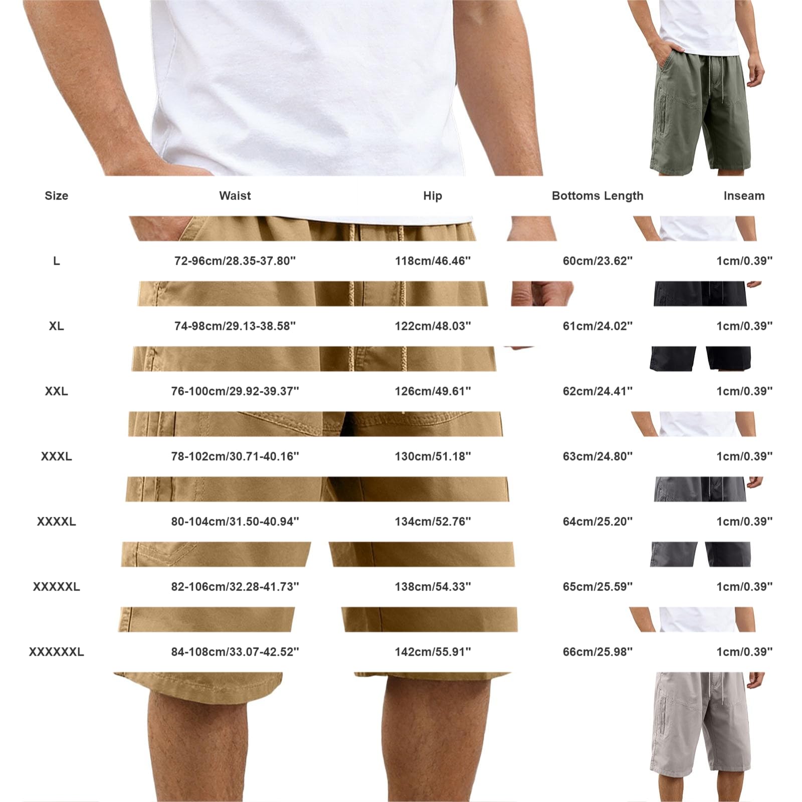 Pantaloncini sportivi da uomo, elasticizzati, taglie grandi, cachi, 3XL