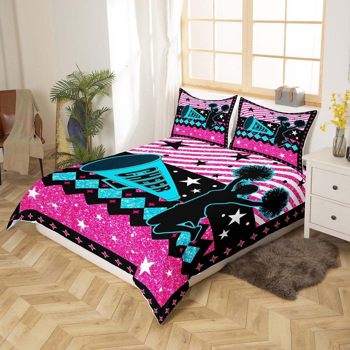 Cheerleading Girls Duvet Cover Set Twin Size,Rose Pink Blue Gliiter Star Stripes Bedding Set 2Pcs,Fashion Bright Sequins Cheerleader Comforter Cover Kids Teens Women Cheer Quilt Cover Bedroom Decor