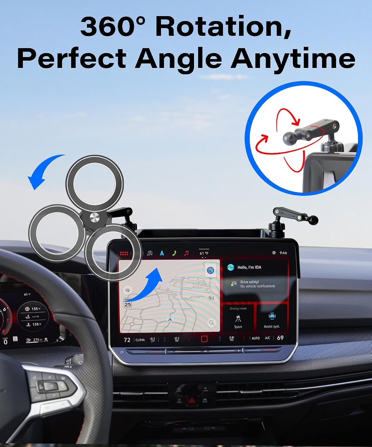 Car Phone Holder for 2025 2026 VW Golf R/GTI Accessories Apply to 12.9 Inch Touchscreen Fixed Clip MagSafe Cell Phone Mount Hands-Free 360° Rotation with Dashboard Storage Tray
