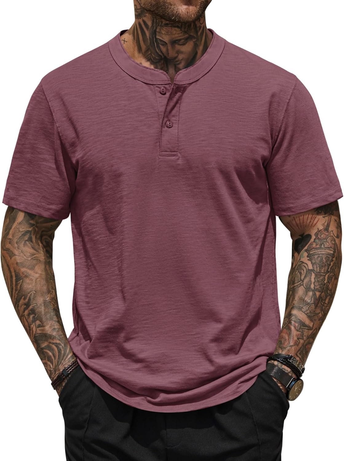 Mens Henley Shirts Casual Loose Fit Stretch Plain Short Sleeve T-Shirts (S-XXL)