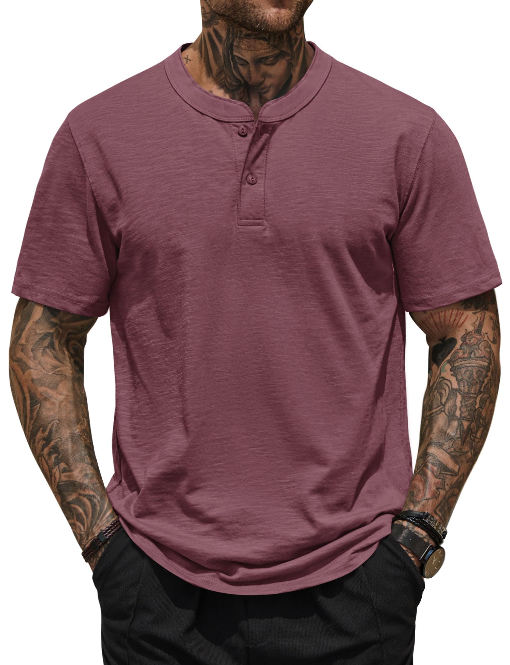 Herberton Mens Henley Shirts Casual Loose Fit Stretch Plain Short Sleeve T-Shirts (S-XXL)