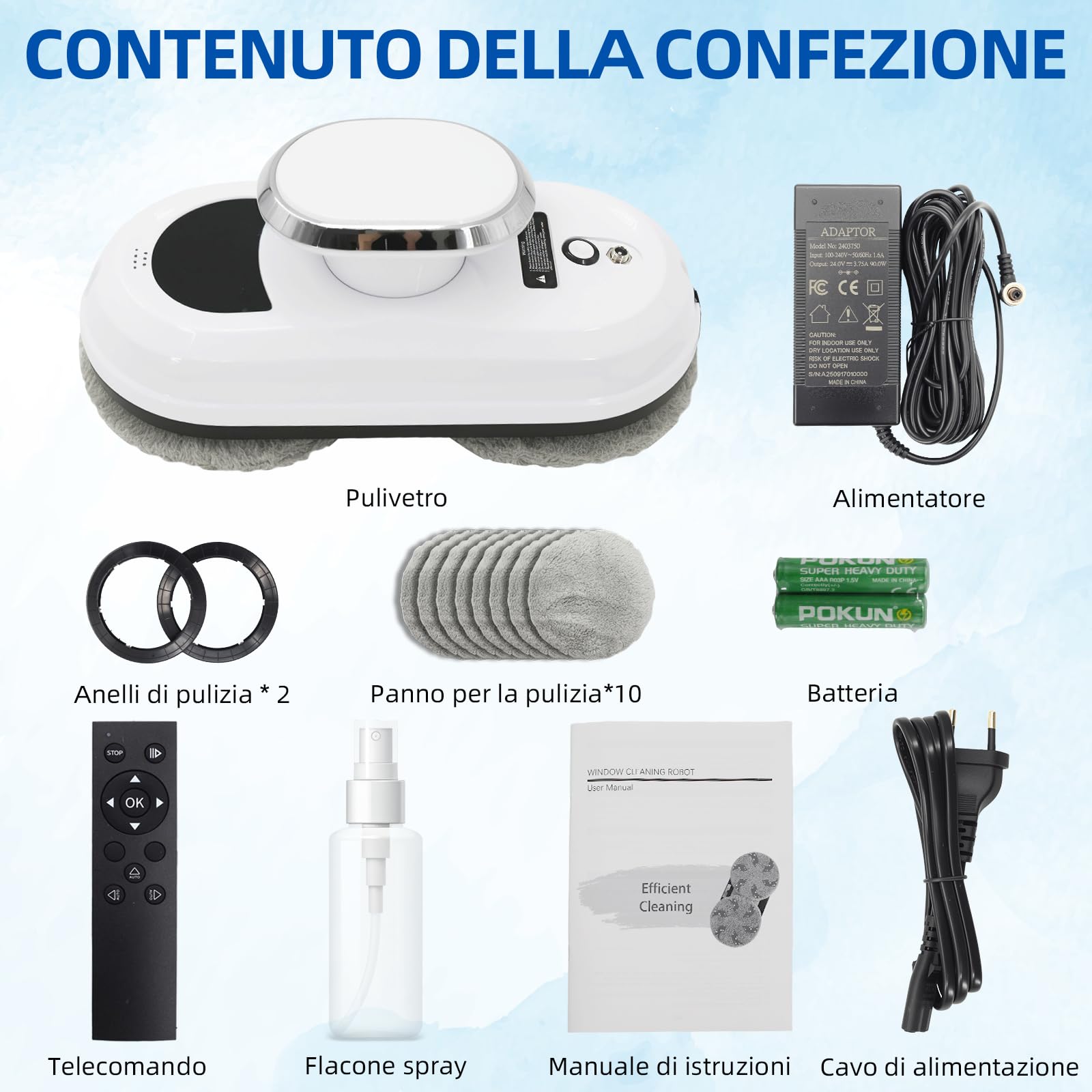 Robot per pulizia finestre con aspirazione 5600 Pa, 3 modalità di pulizia, navigazione intelligente, telecomando, sistema di sicurezza e 10 tamponi di pulizia, adatto per superfici lisce.