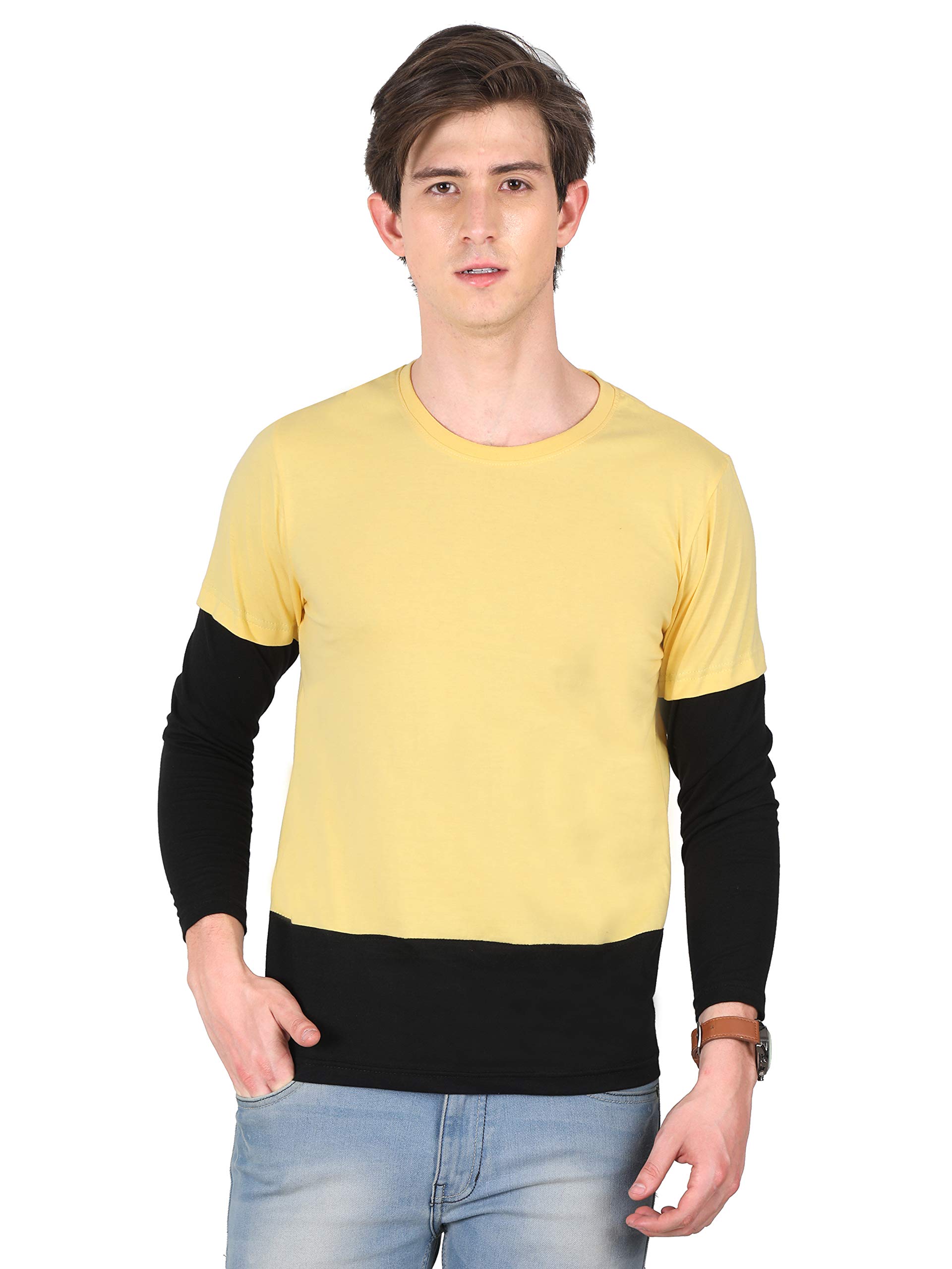 fleximaa Men's Cotton Round Neck Plain Color Block Full Sleeve T-Shirt-picture-43