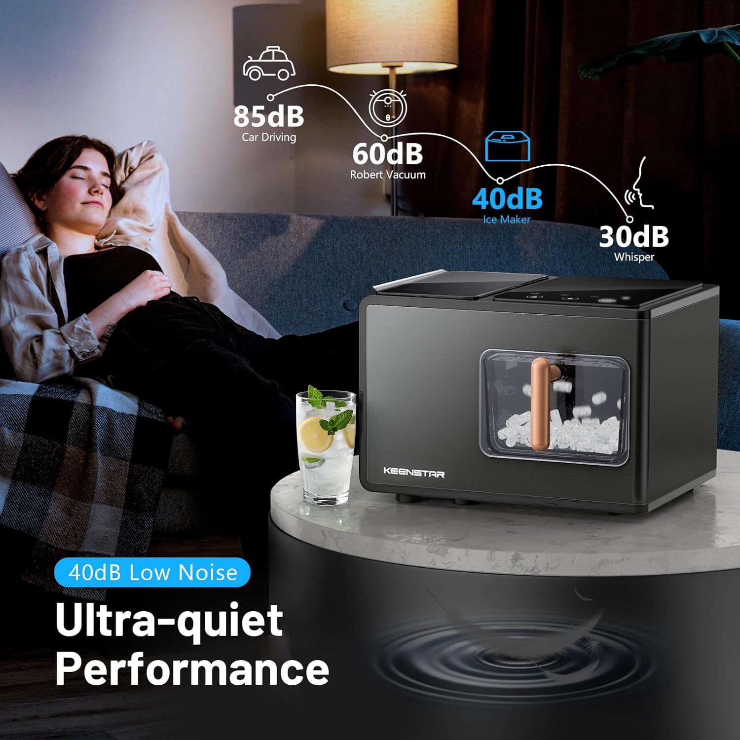 KEENSTAR Nugget Ice Maker Countertop, Large Capacity 40lbs/24H, Pebble Ice Maker with Soft Chewable Ice, Self Cleaning, Smart Touch Screen, Sonic Ice Machine for Home Office Party RV - Black