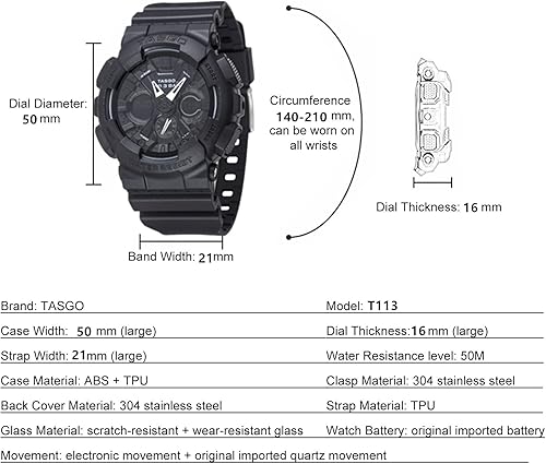Miniatura 6 de TASGO Reloj deportivo digital para hombre, pantalla doble para exteriores, resistente al agua, 164.0ft, relojes militares electrónicos, alarma LED,