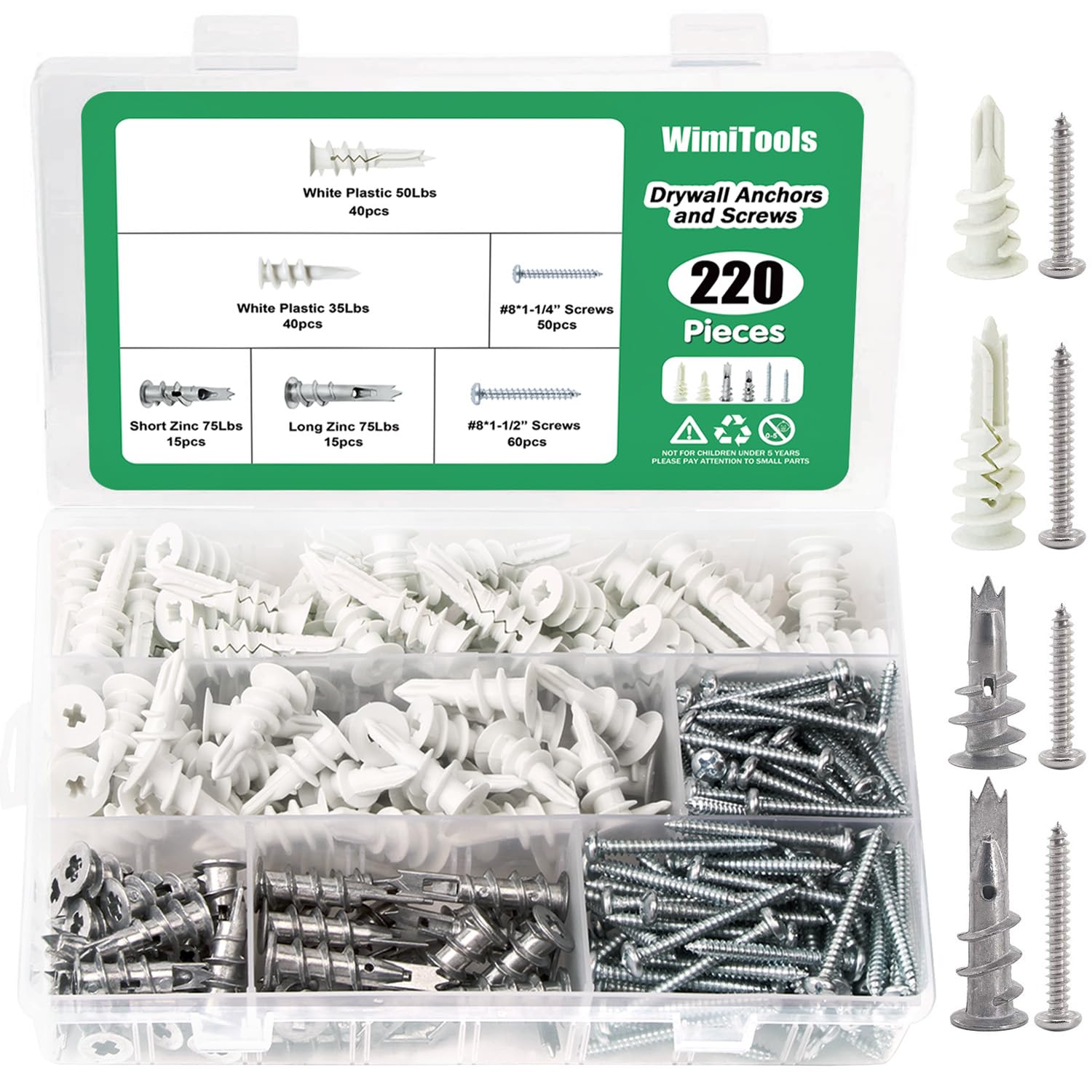 Wimitools 220PCS Drywall Anchors and Screws Kit, Self Drilling Wall