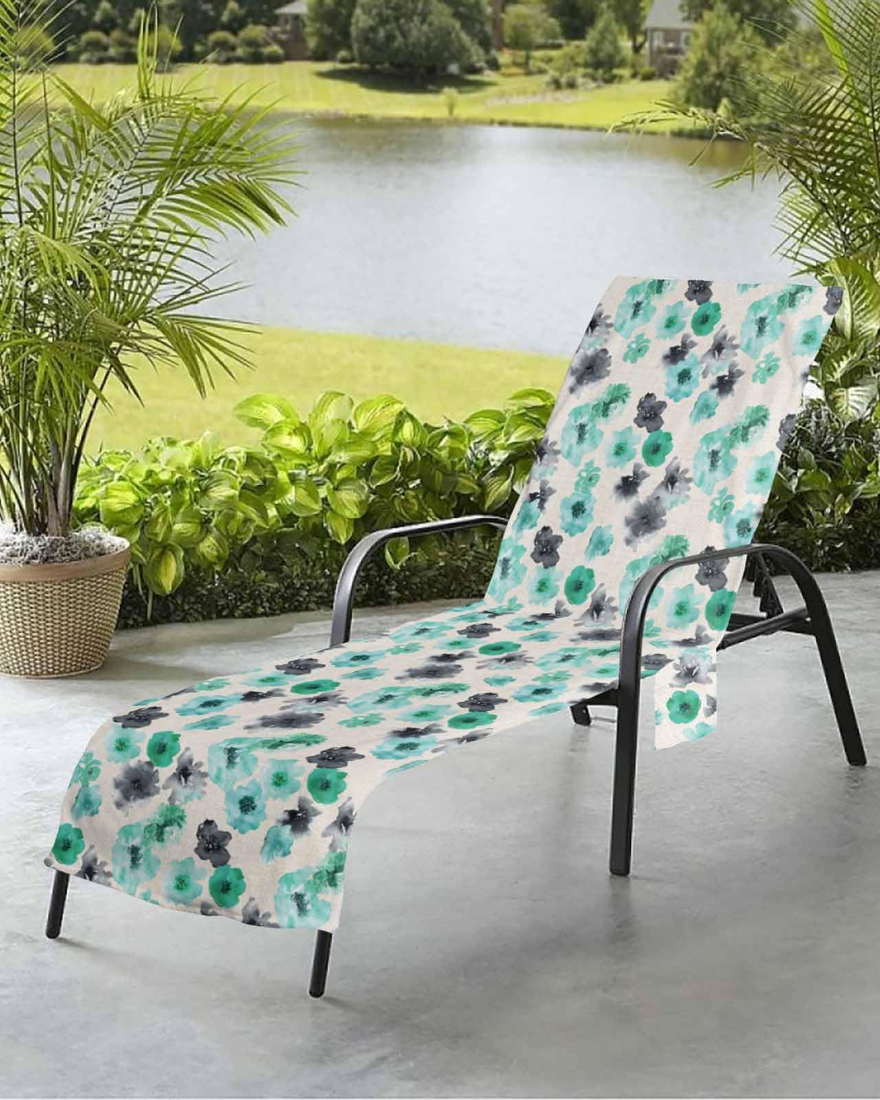 Beach Pool Patio Lounge Chaise Chair Cover Towel with Pockets,Green Painted Floral Absorbent & Quick Dry Microfiber Towel Cover Bag Summer Travel Accessories Black Abstract Modern Ink Plant