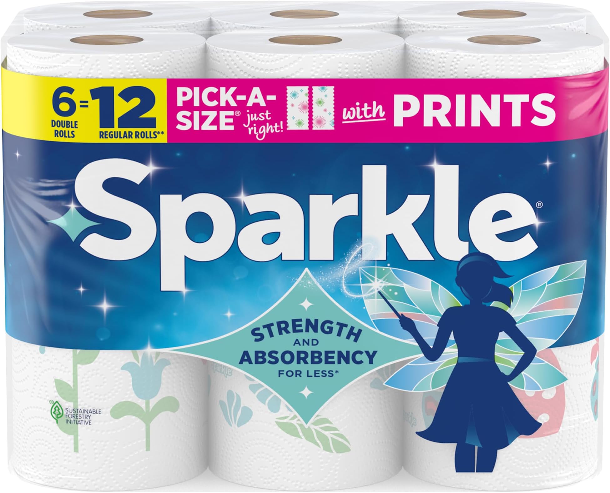 Pick-A-Size Paper Towels, Spirited Print Design, 6 Double Rolls (660 Sheets Total) - Strong 2-Ply Towels for Kitchen Cleanup and Everyday Messes