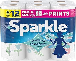 Sparkle, toallas de papel Pick-A-Size, diseño de impresión espirituosa, 6 rollos dobles (total de 660 hojas) - Toallas fuertes de 2 capas para limpieza de cocina y desordenes cotidianos