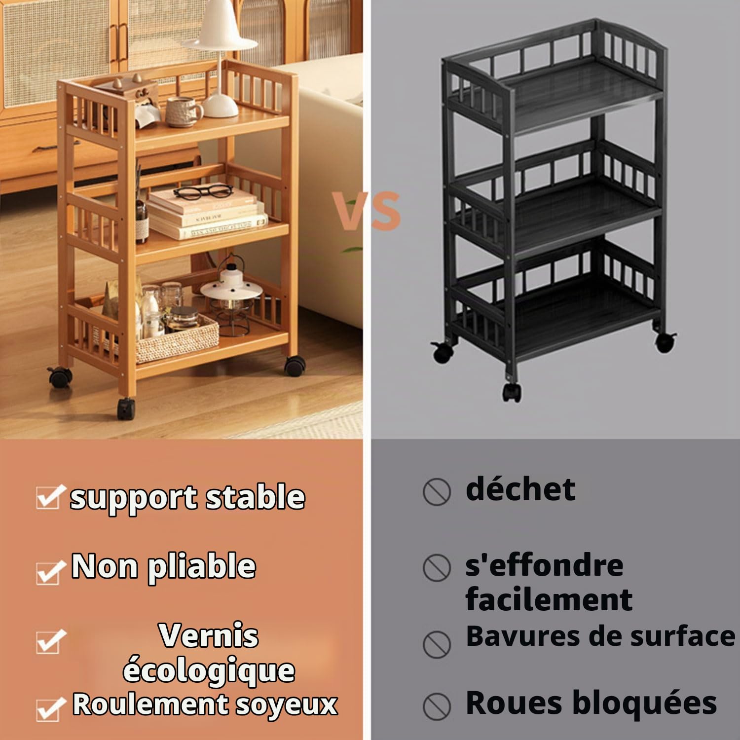 Chariot de service avec roulettes, chariot de cuisine en bois 3 étagères, chariot mobile polyvalent pour cuisine, salle de bain, couloir et balcon, chariot d'appoint peu encombrant