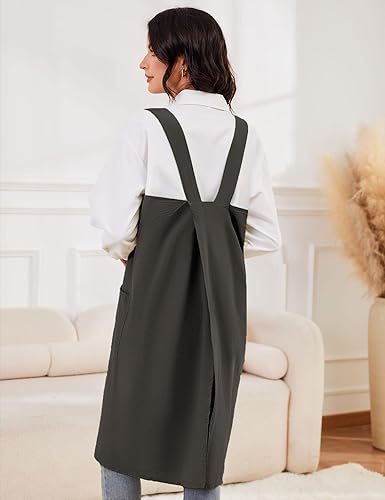 Miniatura 5 de Schine Pinafore de algodón con espalda cruzada para mujer, con bolsillos grandes, prácticos delantales para trabajos de jardinería, cocina,