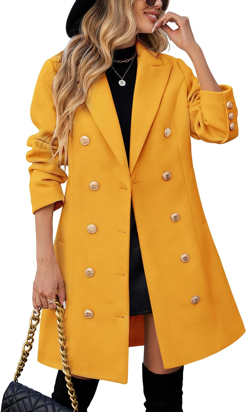 Women's Fall Winter Double Breasted Wool Coat, Trendy Elegant Midi Trench Peacoat, Work & Casual Jacket Coat