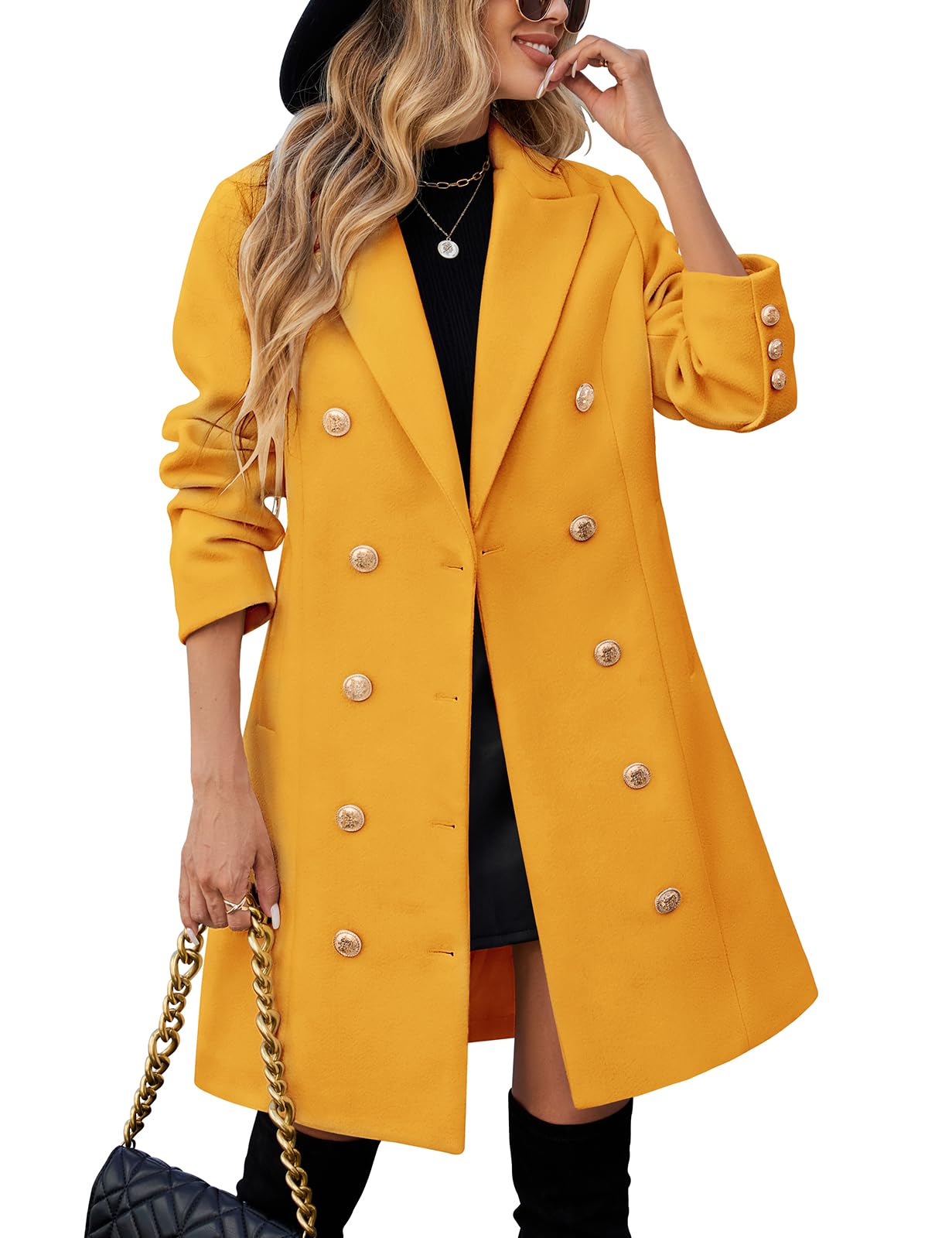 Womens Fall Winter Double Breasted Wool Coat Trendy Elegant Midi Trench Peacoat Work Casual Jacket Coat